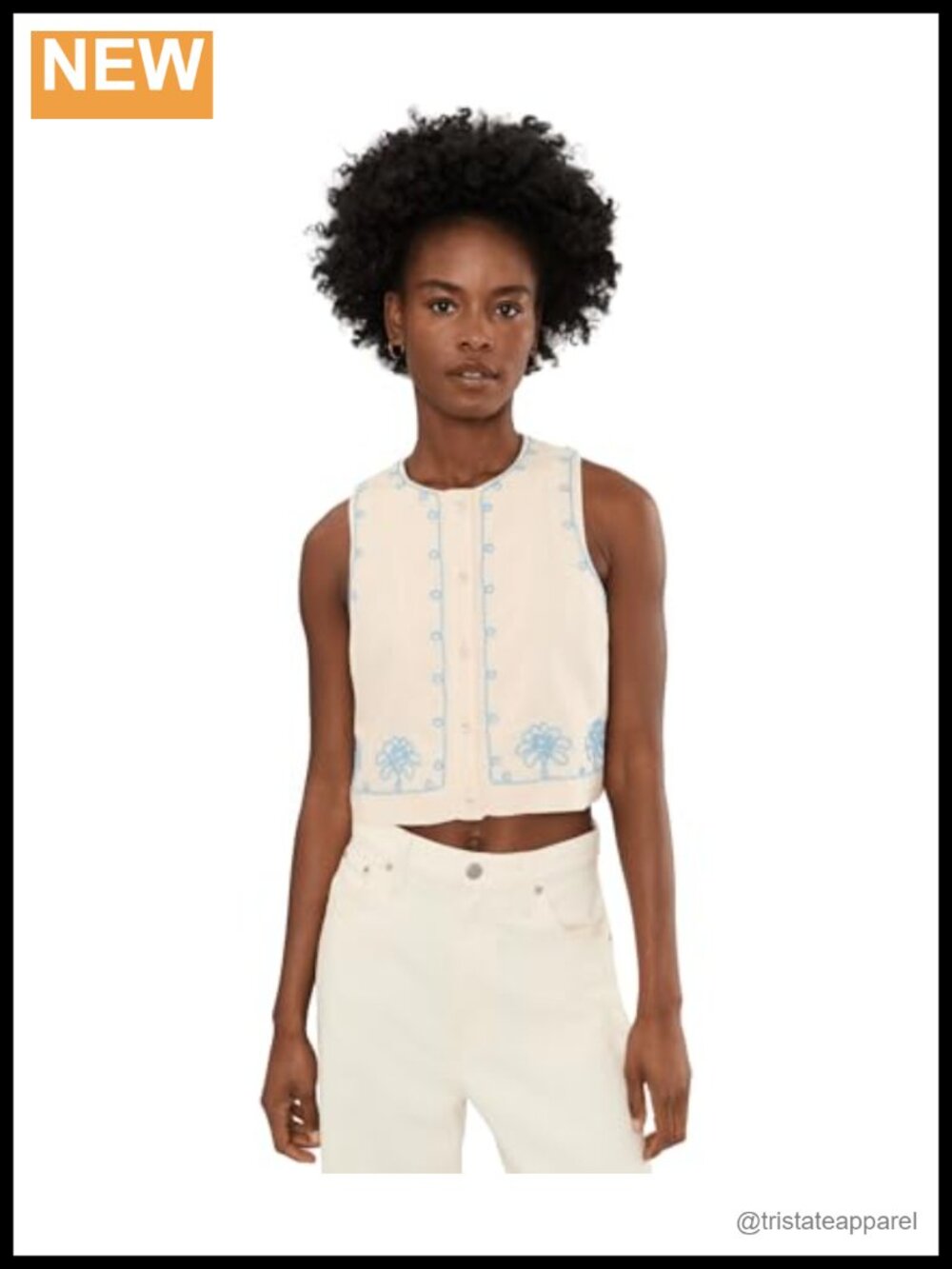 Blank NYC Embroidered Sleeveless Top Button Front Lyocell Blend